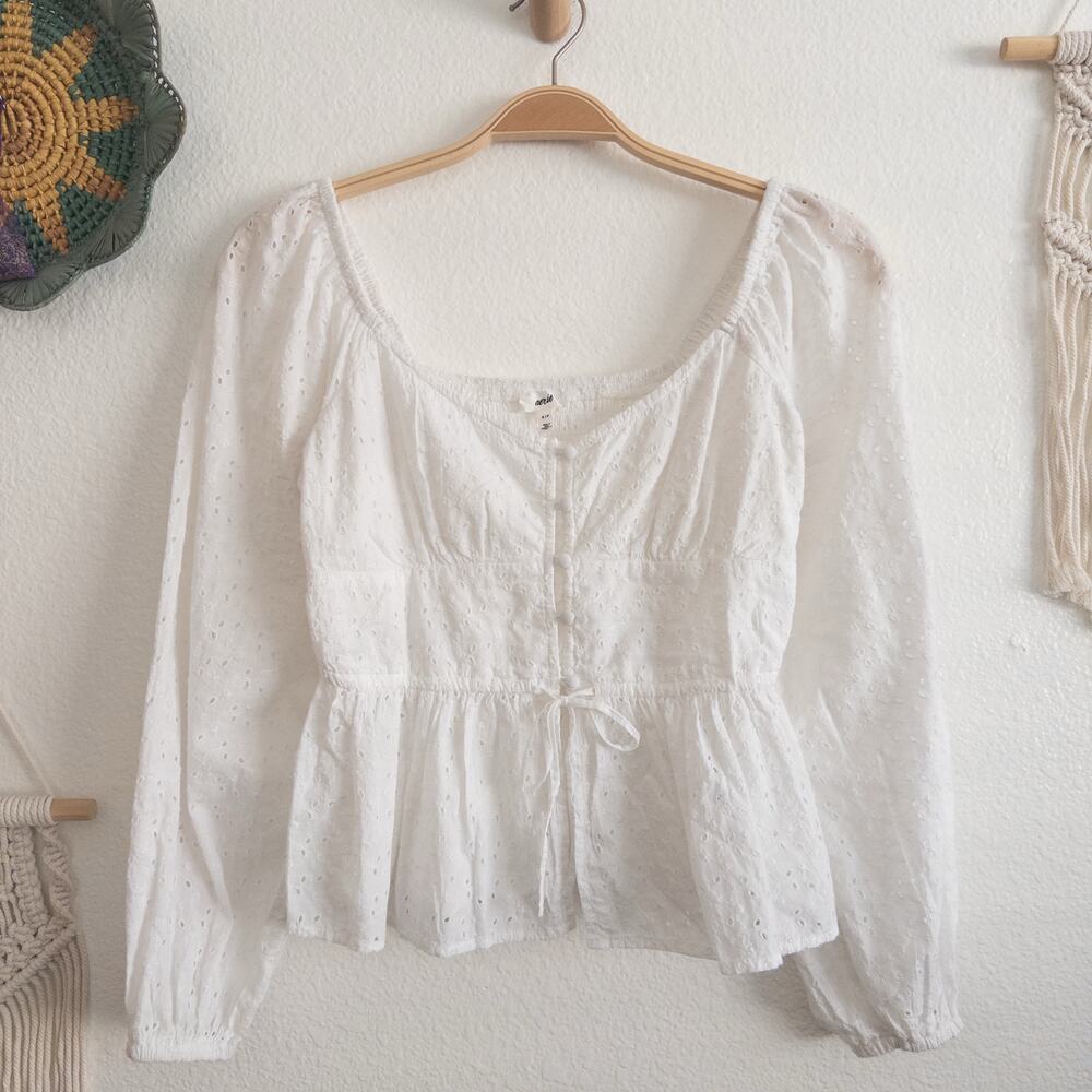 aerie White Eyelet Peplum Long-Sleeve Blouse